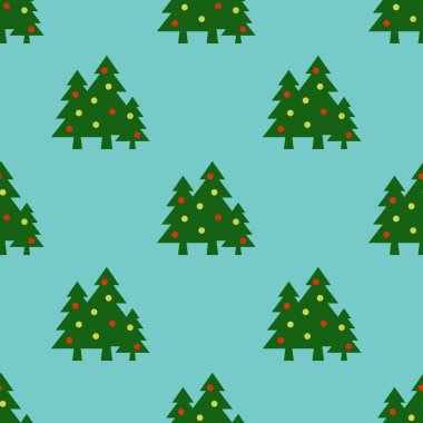 Kusursuz desen. Pastel yeşil arka planda topları olan yeşil Noel ağaçları. Yeni yılın ve Noel 'in sembolü. Yüzeye uygulama şablonu. 3 boyutlu görüntü. 3d oluşturma