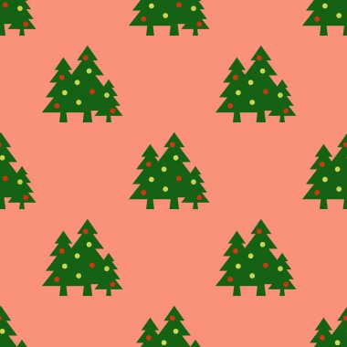 Kusursuz desen. Pastel kırmızı arka planda topları olan yeşil Noel ağaçları. Yeni yılın ve Noel 'in sembolü. Yüzeye uygulama şablonu. 3 boyutlu görüntü. 3d oluşturma