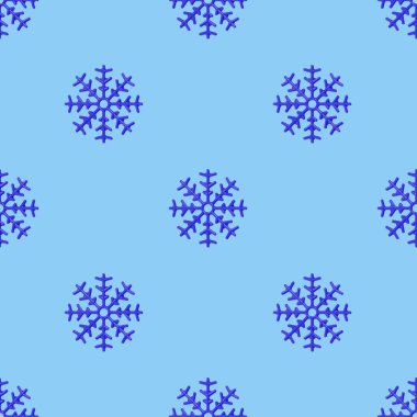 Mavi arka planda mavi camlı kar tanelerinin görüntüsü. Kışın sembolü. Yüzeye uygulama şablonu. 3 boyutlu görüntü. 3B görüntüleme.