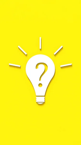 Sarı arka planda gölgesi olan beyaz ampul. Fikir yoksunluğunun sembolü. Soru işareti. Dikey görüntü. 3 boyutlu görüntü. 3B görüntüleme.