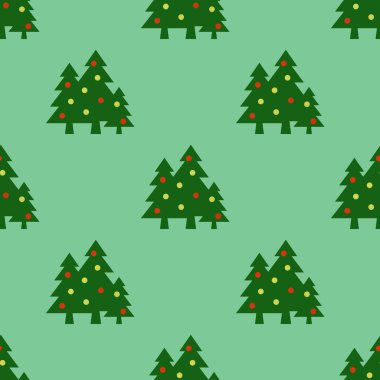 Kusursuz desen. Pastel yeşil arka planda topları olan yeşil Noel ağaçları. Yeni yılın ve Noel 'in sembolü. Yüzeye uygulama şablonu. 3 boyutlu görüntü. 3d oluşturma