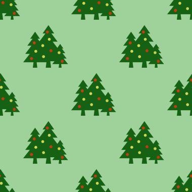 Kusursuz desen. Pastel sarı arka planda topları olan yeşil Noel ağaçları. Yeni yılın ve Noel 'in sembolü. Yüzeye uygulama şablonu. 3 boyutlu görüntü. 3d oluşturma