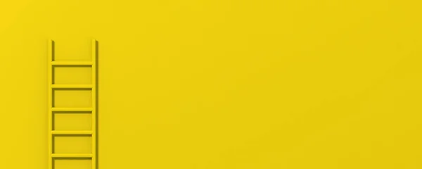 Sarı arka planda sarı merdiven. Merdiven duvarın yanında dikey duruyor. Konseptin başarısına giden yol. Bölgeye yerleştirme pankartı. 3 boyutlu görüntü. 3B görüntüleme.