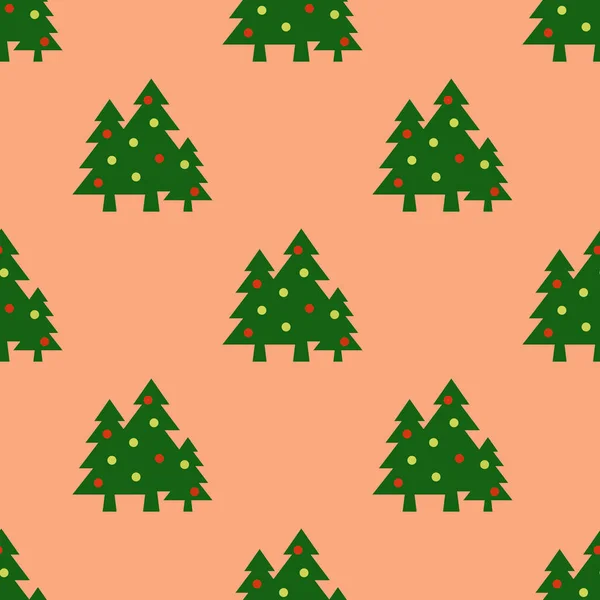 Nahtloses Muster Bild Von Grünen Weihnachtsbäumen Mit Kugeln Auf Pastellrotem — Stockfoto