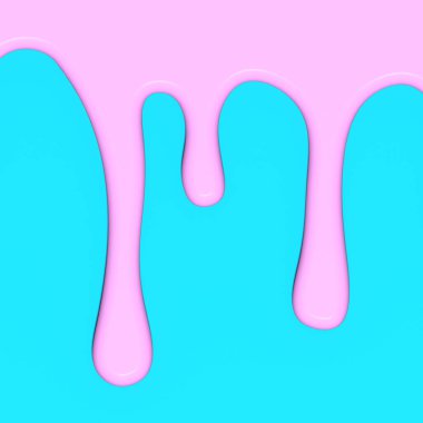 Pembe boya mavi arka planda akar. Pembe sıvı. Gül suyu akar. Mavi arka plan. Kare görüntü. 3 boyutlu görüntü. 3B görüntüleme.