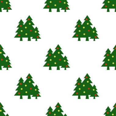 Kusursuz desen. Beyaz arka planda topları olan yeşil Noel ağaçları. Yeni yılın ve Noel 'in sembolü. Yüzeye uygulama şablonu. 3 boyutlu görüntü. 3d oluşturma