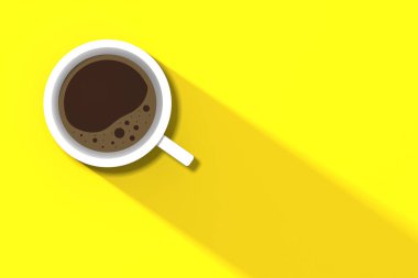 Sarı arka planda beyaz bir fincan kahve. Fincandan uzun bir gölge. Canlandırıcı bir içki. yatay görüntü. 3 boyutlu görüntü. 3B görüntüleme.