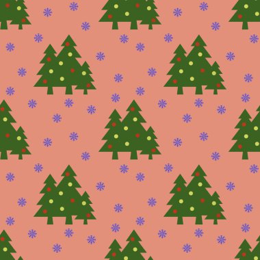 Kusursuz desen. Pastel kırmızı arka planda topları ve kar taneleri olan yeşil Noel ağaçları. Yeni yılın ve Noel 'in sembolü. Yüzeye uygulama şablonu. 3 boyutlu görüntü. 3d oluşturma