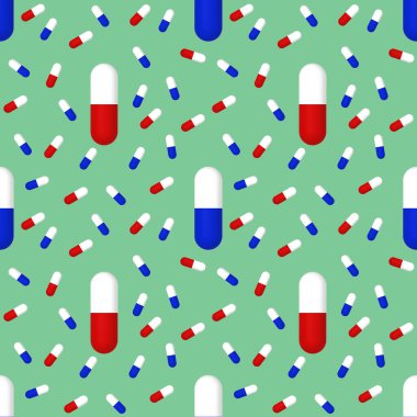 Yeşil arka planda tıbbi kapsüllerin resimleri çiziliyor. Yüzeye uygulama şablonu. İlaç. Kusursuz desen. 3 boyutlu görüntüleme. 3B resim