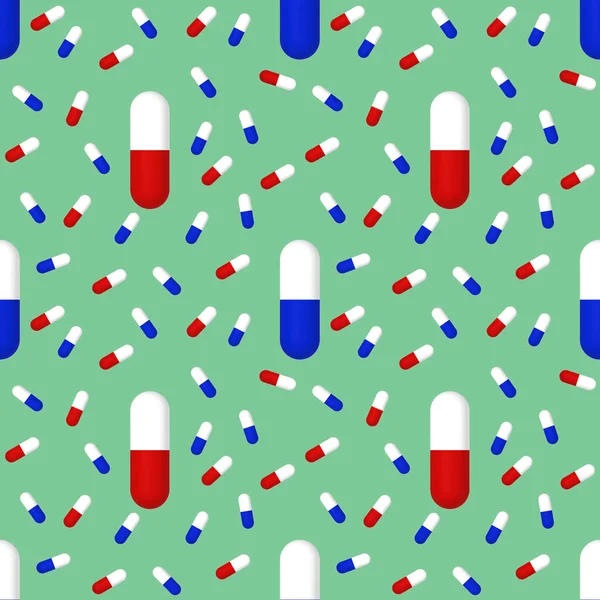 Yeşil arka planda tıbbi kapsüllerin resimleri çiziliyor. Yüzeye uygulama şablonu. İlaç. Kusursuz desen. 3 boyutlu görüntüleme. 3B resim