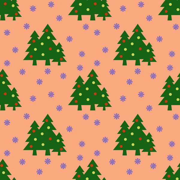 Bezproblémový Vzorec Obrázek Zelených Vánočních Stromků Kuličkami Vločkami Pastelově Červeném — Stock fotografie
