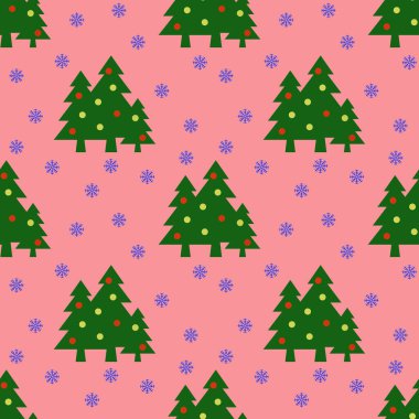 Kusursuz desen. Pastel mor arka planda topları ve kar taneleri olan yeşil Noel ağaçlarının görüntüsü. Yeni yılın ve Noel 'in sembolü. Yüzeye uygulama şablonu. 3 boyutlu görüntü. 3d oluşturma