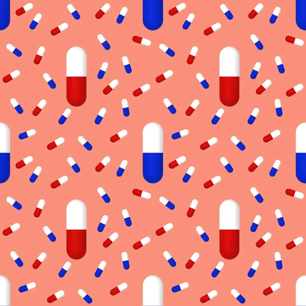 Kırmızı arka planda tıbbi kapsüllerin resimleri çiziliyor. Yüzeye uygulama şablonu. İlaç. Kusursuz desen. 3 boyutlu görüntüleme. 3B resim