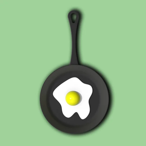 Fried Egg Frying Pan Pastel Yellow Green Background Top View — Stock Photo, Image
