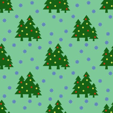 Kusursuz desen. Yeşil Noel ağaçları, topları ve pastel yeşil arka planda kar taneleri. Yeni yılın ve Noel 'in sembolü. Yüzeye başvurmak için şablon. 3 boyutlu görüntü. 3d oluşturma