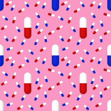Mor pastel arka planda tıbbi kapsüllerin çizimleri. Yüzeye başvurmak için şablon. İlaç. Kusursuz desen. 3 boyutlu görüntüleme. 3B resim