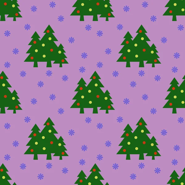 Bezproblémový Vzorec Obrázek Zelených Vánočních Stromků Kuličkami Vločkami Pastelově Fialovém — Stock fotografie