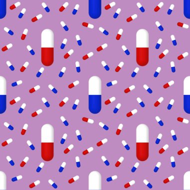 Mor arkaplandaki tıbbi kapsüllerin çizimleri. Yüzeye başvurmak için şablon. İlaç. Kusursuz desen. 3 boyutlu görüntüleme. 3B resim