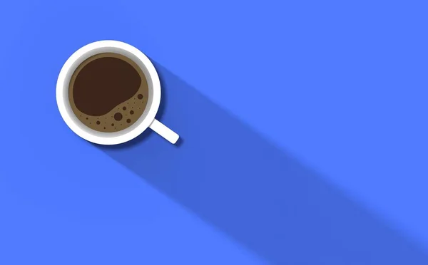 青い背景に白いコーヒーカップ カップからの長い影 爽快な飲み物 水平方向の画像 3D画像 3Dレンダリング — ストック写真