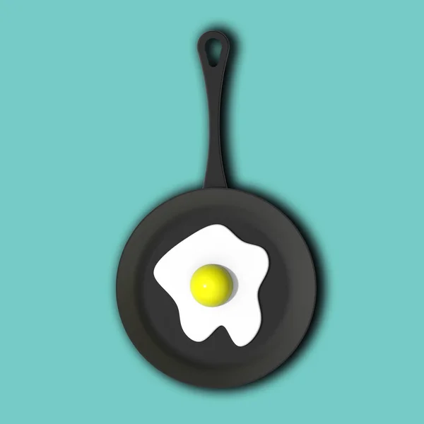 Fried Egg Frying Pan Pastel Green Blue Background Top View — Stock Photo, Image