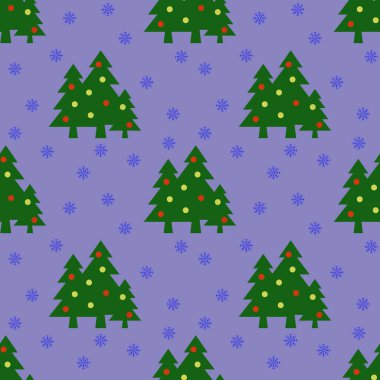 Kusursuz desen. Pastel mavi arka planda topları ve kar taneleri olan yeşil Noel ağaçlarının görüntüsü. Yeni yılın ve Noel 'in sembolü. Yüzeye başvurmak için şablon. 3 boyutlu görüntü. 3d oluşturma