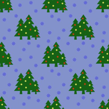 Kusursuz desen. Pastel mavi arka planda topları ve kar taneleri olan yeşil Noel ağaçları. Yeni yılın ve Noel 'in sembolü. Yüzeye başvurmak için şablon. 3 boyutlu görüntü. 3d oluşturma