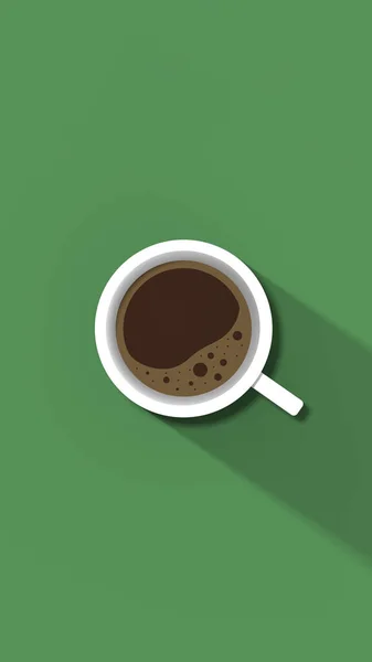 Белая Чашка Кофе Зеленом Фоне Длинная Тень Чаши Бодрящий Напиток — стоковое фото