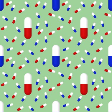 Sarı arka planda tıbbi kapsüllerin çizimleri. Yüzeye başvurmak için şablon. İlaç. Kusursuz desen. 3 boyutlu görüntüleme. 3B resim