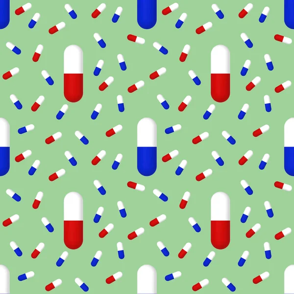 Sarı arka planda tıbbi kapsüllerin çizimleri. Yüzeye başvurmak için şablon. İlaç. Kusursuz desen. 3 boyutlu görüntüleme. 3B resim