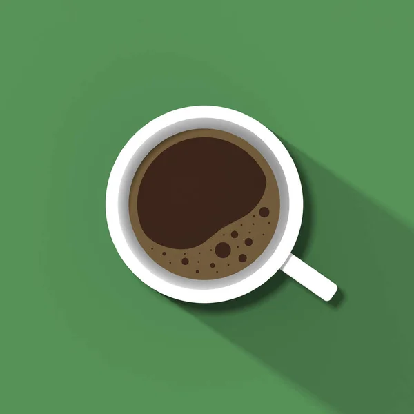 Yeşil arka planda beyaz bir fincan kahve. Fincandan uzun bir gölge. Canlandırıcı bir içki. kare görüntü. 3 boyutlu görüntü. 3B görüntüleme.