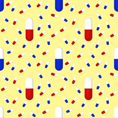 Sarı arka planda tıbbi kapsüllerin çizimleri. Yüzeye başvurmak için şablon. İlaç. Kusursuz desen. 3 boyutlu görüntüleme. 3B resim