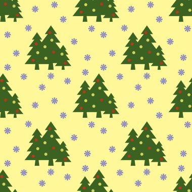 Kusursuz desen. Pastel sarı arka planda topları ve kar taneleri olan yeşil Noel ağaçları. Yeni yılın ve Noel 'in sembolü. Yüzeye başvurmak için şablon. 3 boyutlu görüntü. 3d oluşturma