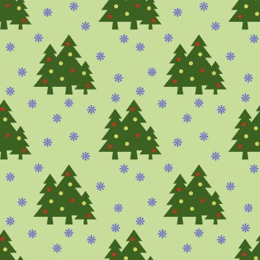 Kusursuz desen. Pastel bezelye arka planında topları ve kar taneleri olan yeşil Noel ağaçları. Yeni yılın ve Noel 'in sembolü. Yüzeye başvurmak için şablon. 3 boyutlu görüntü. 3d oluşturma
