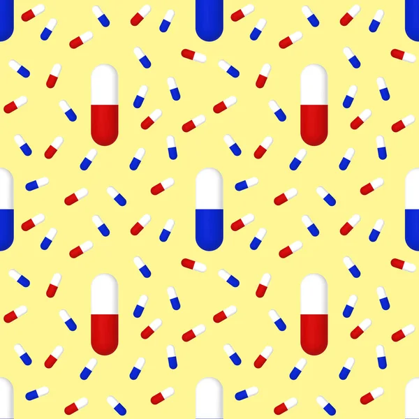 在黄色背景上绘制医疗胶囊的图像 用于表面的模板 无缝图案 3D渲染 3D图像 — 图库照片