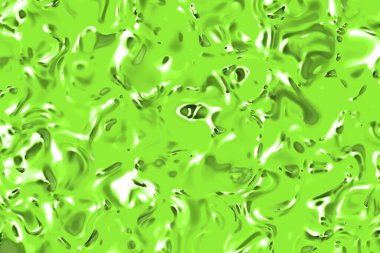 Kereviz yeşili rengin cam yüzeyinin soyut dokusu. Suyun parlak yüzeyi. Sıvı erimiş altın dokusu. Yatay görüntü. 3 boyutlu görüntü. 3B görüntüleme.