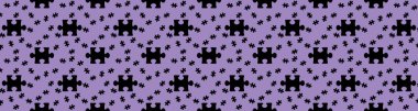 Kusursuz desen. Pastel mor arka planda siyah yapboz elementlerinin görüntüsü. Bilmece. Yüzeye başvurmak için şablon. Bölgeye yerleştirme pankartı. 3 boyutlu görüntü. 3B görüntüleme.