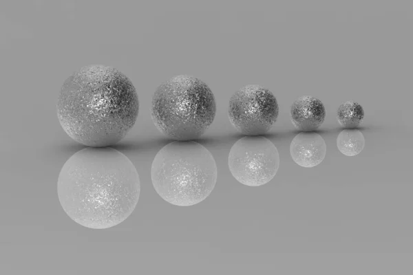 Five Balls Metal Different Sizes Silver Color Gray Background Growth — Zdjęcie stockowe