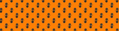nearby are a pot with a handle and a frying pan. top view of the kitchen appliances. seamless drawing of images of dishes on a orange background. Banner for insertion into site. 3d image. 3d rendering.