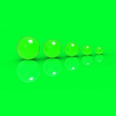 Five glass balls of different sizes of Neon Green color on Neon Green background. Growth of something. Progress. Square image. 3D image. 3D rendering.