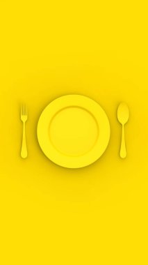 Sarı arka planda sarı renkli bir plaka. Tabağın yanında sarı kaşık ve çatal var. Masa parçaları. Dikey görüntü. 3 boyutlu görüntü. 3B görüntüleme.
