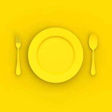 Sarı arka planda sarı renkli bir plaka. Tabağın yanında sarı kaşık ve çatal var. Masa parçaları. Kare görüntü. 3 boyutlu görüntü. 3B görüntüleme.