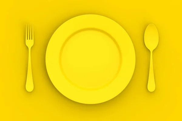 黄色の背景に黄色の色のプレート プレートの横に黄色のスプーンとフォークです 表の項目 水平画像 3D画像 3Dレンダリング — ストック写真