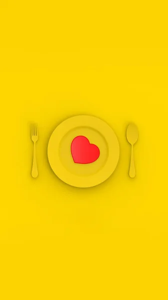 黄底底板呈黄色 盘子旁边是黄色的勺子和叉子 红心在盘中 横向图像 3D图像 3D渲染 — 图库照片