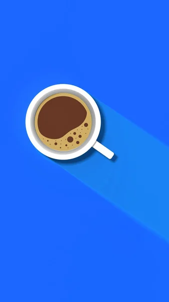 青い背景に白いコーヒーカップ カップからの長い影 爽快な飲み物 縦の画像 3D画像 3Dレンダリング — ストック写真