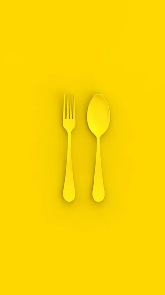 勺子和叉子在黄色背景上呈黄色 垂直图像 3D图像 3D渲染 — 图库照片
