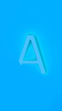 A harfi, Cyan Blue arka planında Cyan Blue. Mektubun bir kısmı arka planda kaldı. Dikey görüntü. 3 boyutlu görüntü. 3B görüntüleme.