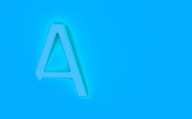 A harfi, Cyan Blue arka planında Cyan Blue. Mektubun bir kısmı arka planda kaldı. Yatay görüntü. 3 boyutlu görüntü. 3B görüntüleme.