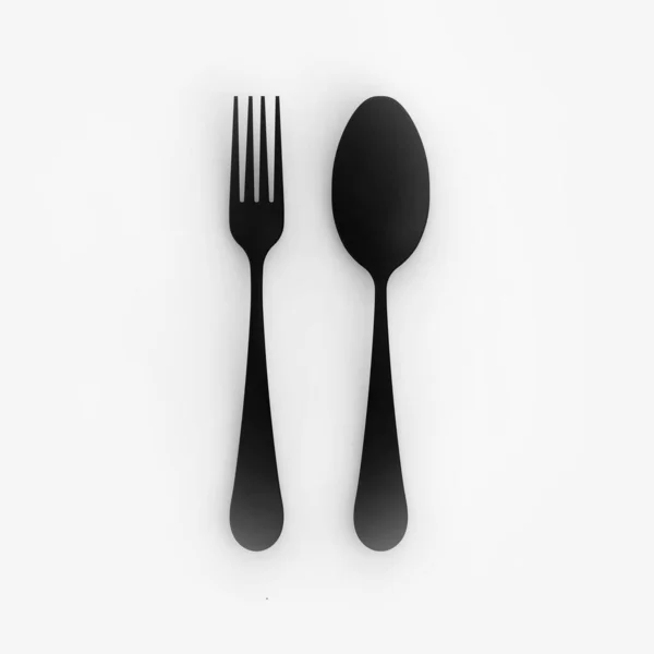 Sarı arka planda kaşık ve çatal sarıdır. Kare görüntü. 3 boyutlu görüntü. 3B görüntüleme.