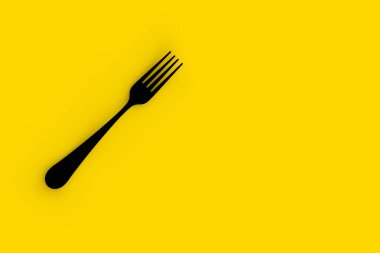 Çatal sarı arka planda siyahtır. Ayrı bir nesne. Yatay görüntü. 3 boyutlu görüntü. 3B görüntüleme.