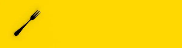 フォークは黄色の背景で黒です 孤立した物体 水平画像 サイトへの挿入のためのバナー 3D画像 3Dレンダリング — ストック写真